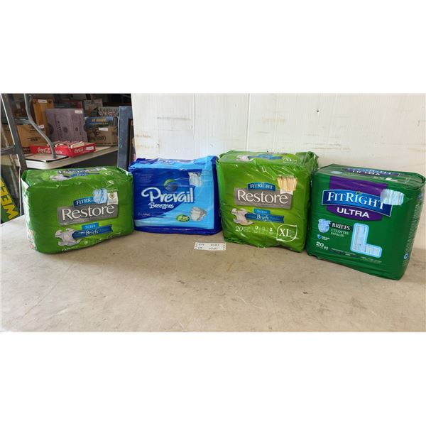 Four Packages of Adult Briefs: FitRight Restore, Prevail Breezers, and FitRight Ultra