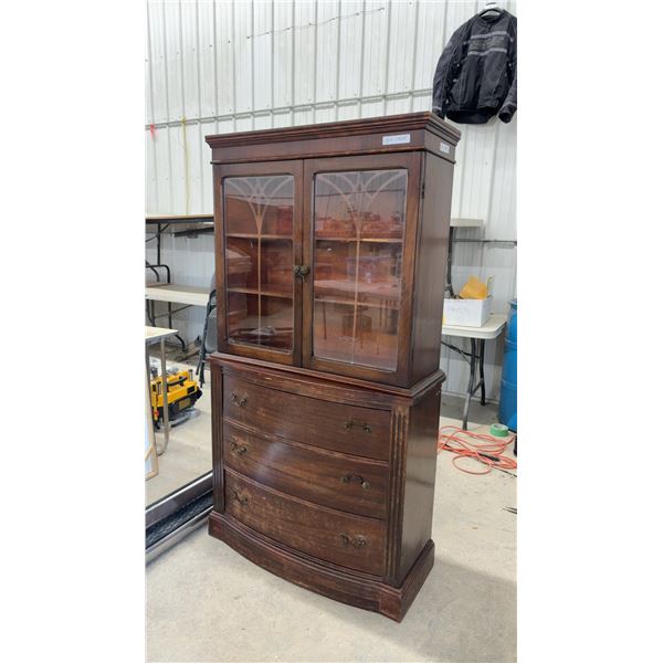 Vintage Mahogany Two-Piece China Cabinet Hutch with Glass Doors and Three-Drawer Serpentine Base