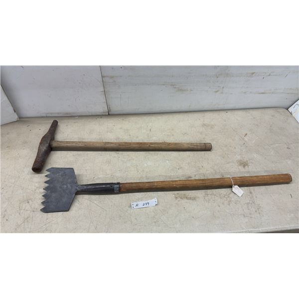 Antique Railway: Spike Driver and Toothed Ice Scraper with Wooden Handles
