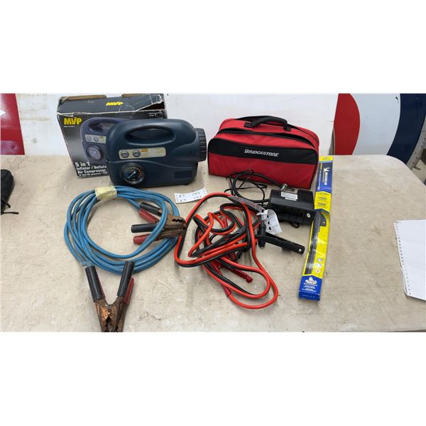 MVP 5-in-1 Inflator/Deflator Air Compressor, Bridgestone Jumper Cables and Bag, Michelin Wiper