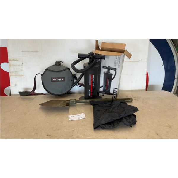 Reliance Canteen, Intex Double Quick III S Hi-Output Air Pump, and Folding Shovel