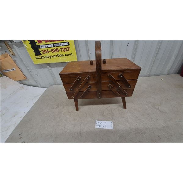 Vintage Wooden Sewing Box with Contents: Spools of Thread, Pins, Ribbons