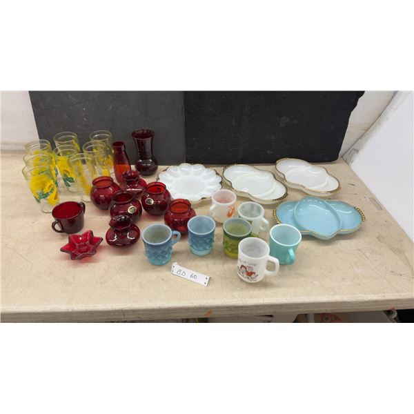 Vintage Anchor Hocking Mid-Century Lot: Ruby Red Vases, Fire King Mugs, Jars, Platters