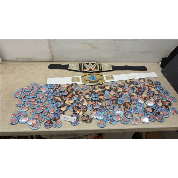 2 Vintage WWE Wrestling Belts and Large Lot of AWA Wrestling Badges: Hogan, Mad Dog