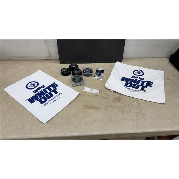 Winnipeg Jets Autographed Game Puck Lot: Lowry, Morrissey, Stanley, Ford, Heinola with Towels