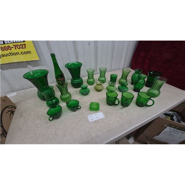 Assorted Green Glassware: Vases, Bottles, Mugs