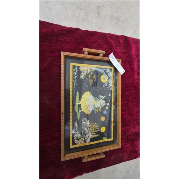 Art Deco Painted Glass Tray with Handles, Depicting a Dancer and Moonlit Scene