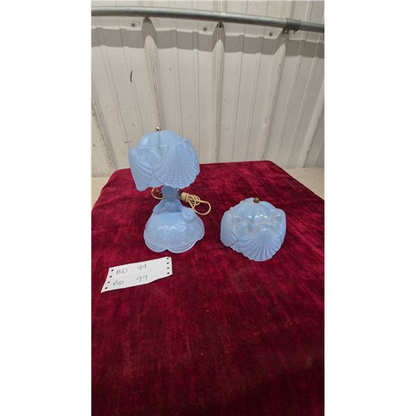 Blue Milk Glass Figural Lamps with extra shade