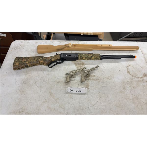 Wooden Gun, Plastic Gun, and 2 Cap Guns, One Cap Gun Missing Hammer