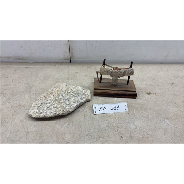 Fossiliferous Limestone 8 × 5 1/2” and Specimen on Stand, Possibly Containing Dinosaur Bones