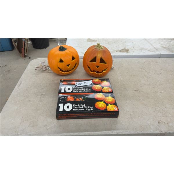 Two Foam Blow Molds Jack-O'-Lanterns 10” and 9” High and Two 10-Count Electrified Terrified