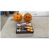 Image 1 : Two Foam Blow Molds Jack-O'-Lanterns 10” and 9” High and Two 10-Count Electrified Terrified