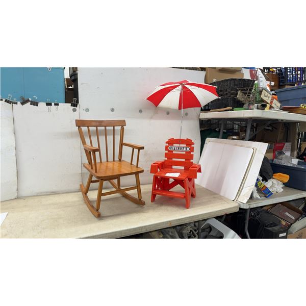 Child's Wooden Rocking Chair and Plastic Chair with Umbrella