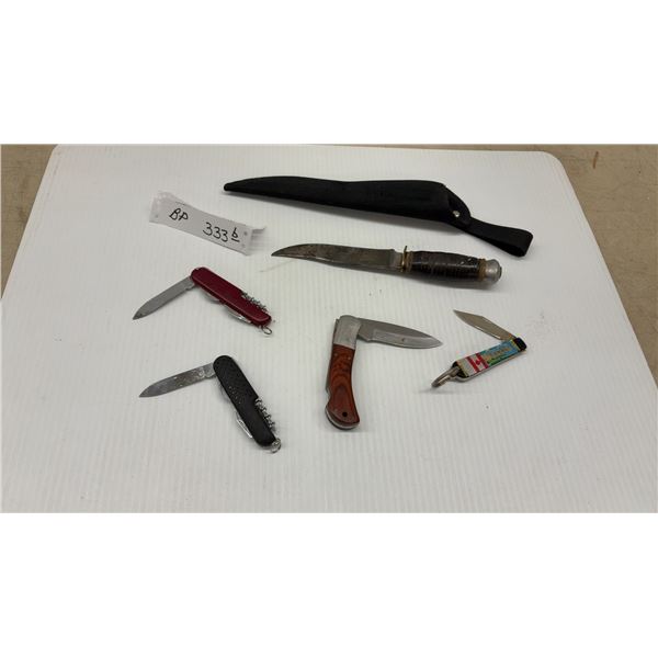 Vintage Rica Solingen Fixed Blade Hunting Knife with Sheath and Four Vintage Jack Knives