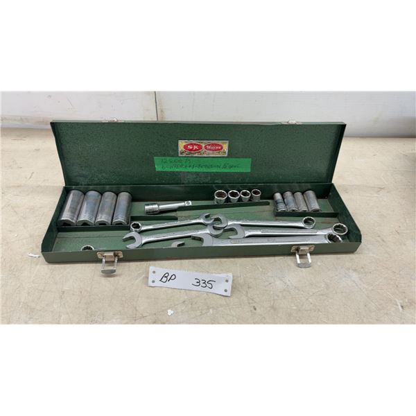 SK Metal Tool Box with 12 Sockets, 6 Wrenches, and 1/2” Extension