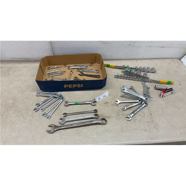 Assorted SAE Combination, Open-End, and Box-End Wrenches and Socket Sets on Rails