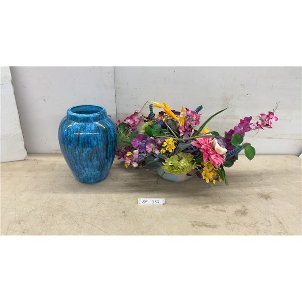 Blue Drip Glaze Ceramic Vase and Artificial Floral Arrangement in Pastel Bowl