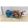 Image 1 : Blue Drip Glaze Ceramic Vase and Artificial Floral Arrangement in Pastel Bowl
