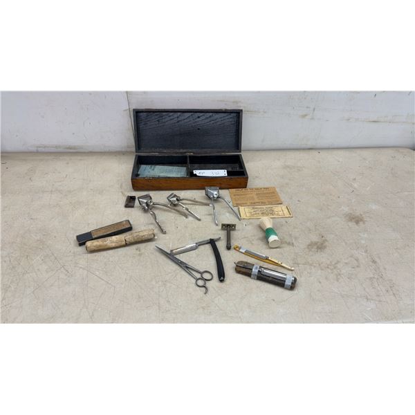 Vintage Oak Box Barber Travel Kit with Vintage Barber Tools