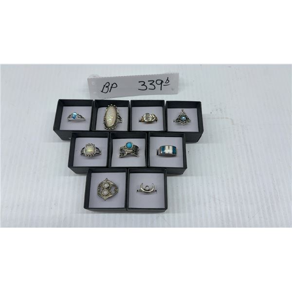 Nine Women's Fashion Rings with Opal, Turquoise, and Blue and White Cabochons
