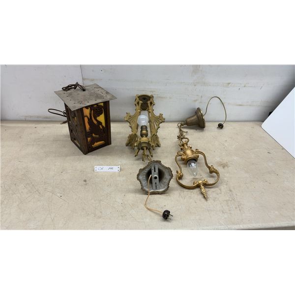 Antique Amber Glass Hanging Lantern, Gilt Metal Pendant Light