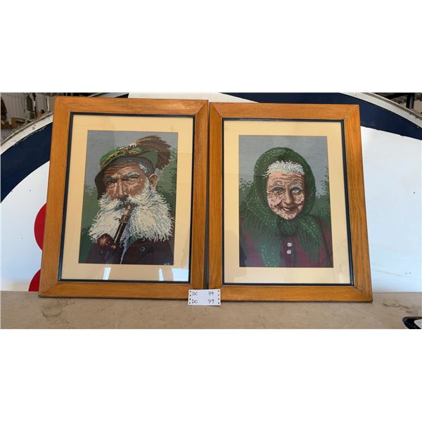 Pair of Framed Needlepoint Portraits: Man with Pipe and Woman in Scarf 22 × 28
