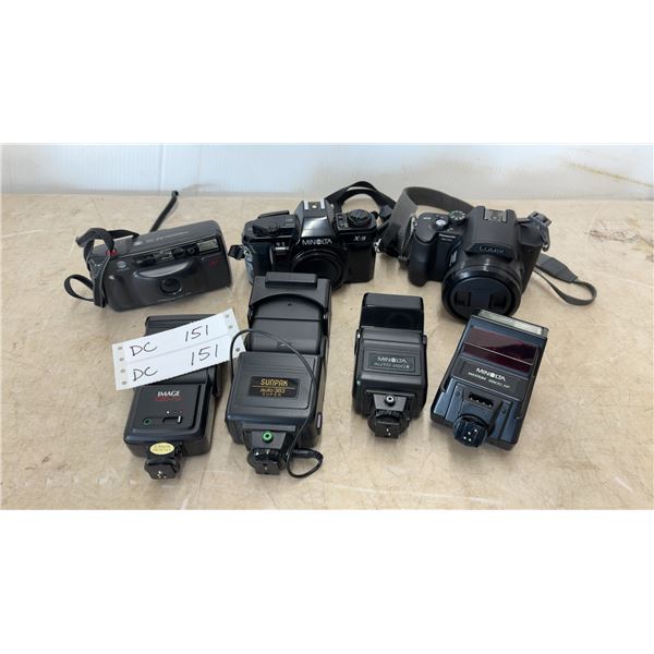 Minolta Freedom AF-35 and X-9 Cameras, Panasonic Lumix DMC-FZ220 Camera, and 4 Flashes