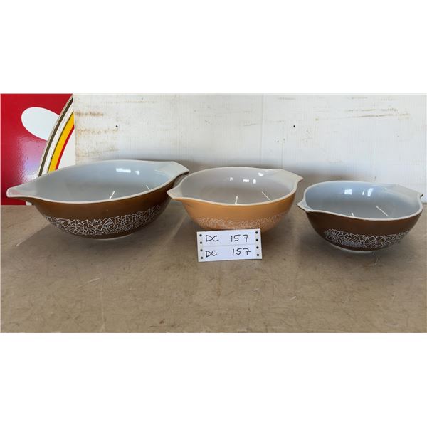 Pyrex Brown and Orange Floral Pattern Mixing Bowls, Set of 3: 2 Brown, 1 Beige