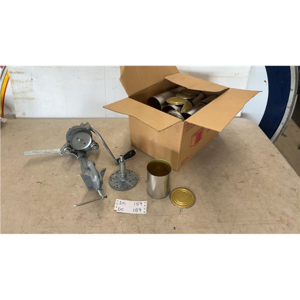 Ives-Way Can Sealer Model No. 400, and Box of Cans with Lids