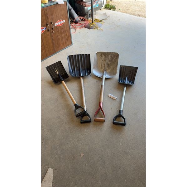 Four Assorted Shovels Including Metal Scoop and Plastic Snow Shovels