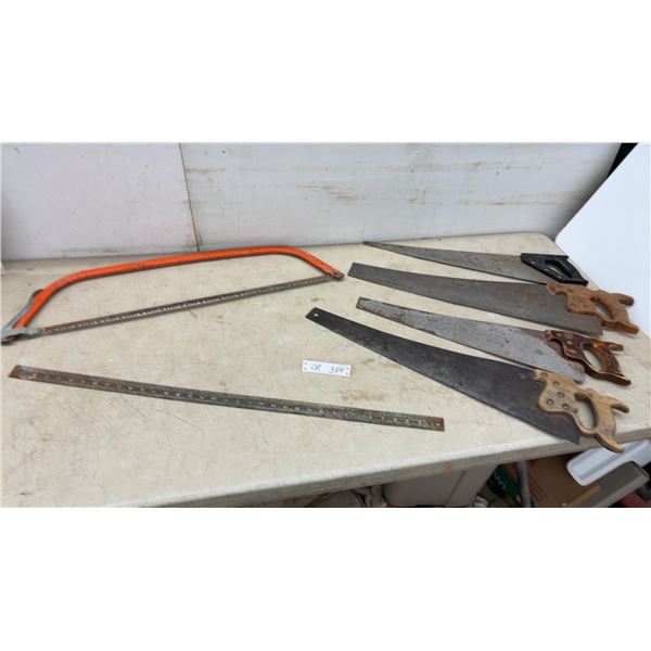 Bow Saw, Disston D-8 Hand Saw, Assorted Wooden Handle Hand Saws, Metal Ruler