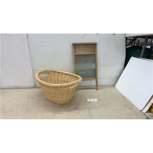 Vintage Wooden Washboard with Corrugated Glass Surface and Wicker Laundry Basket