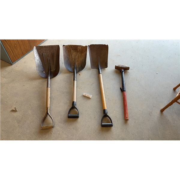 Yard Tools, 3 Shovels and Sledgehammer with Taped Handle