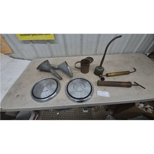 Vintage Ford Motor Company Hubcaps, Funnels, Oil Cans, and Grease Guns