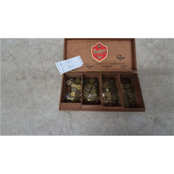Wooden Cigar Box with Assorted Tokens and Coins