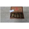 Image 1 : Wooden Cigar Box with Assorted Tokens and Coins