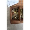 Image 2 : Wooden Cigar Box with Assorted Tokens and Coins