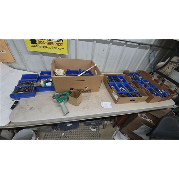 Assorted Hardware: Bolts, Nuts, Washers, Screws, and More in Blue Bins. 3 boxes full