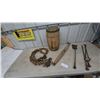 Image 1 : Wooden nail keg, Rope and Pulley System, and Brass Fireplace Tools
