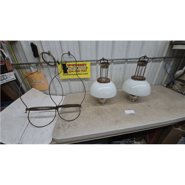 Two Antique Hanging Kerosene Lamps with Milk Glass Shades and Metal Frames, and Wire Spectacles