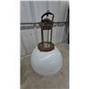 Image 3 : Two Antique Hanging Kerosene Lamps with Milk Glass Shades and Metal Frames, and Wire Spectacles