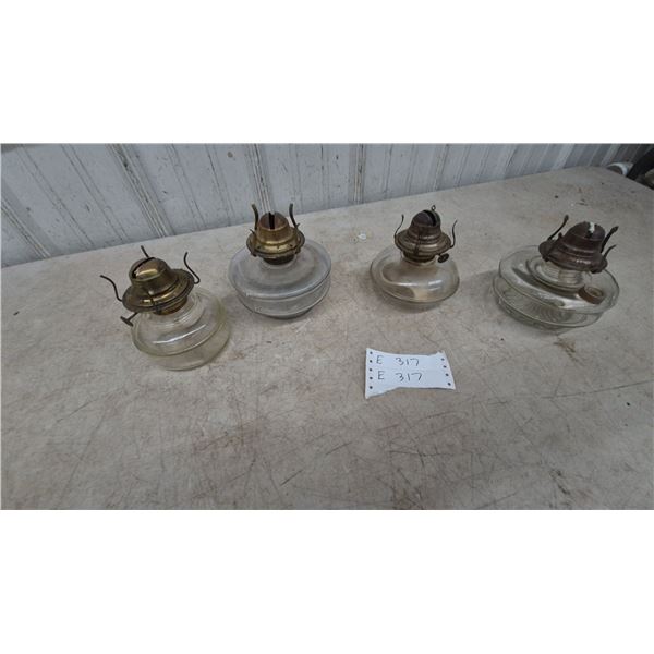 Four Miniature Oil Lamps, Brass Burners and Clear Glass Bases