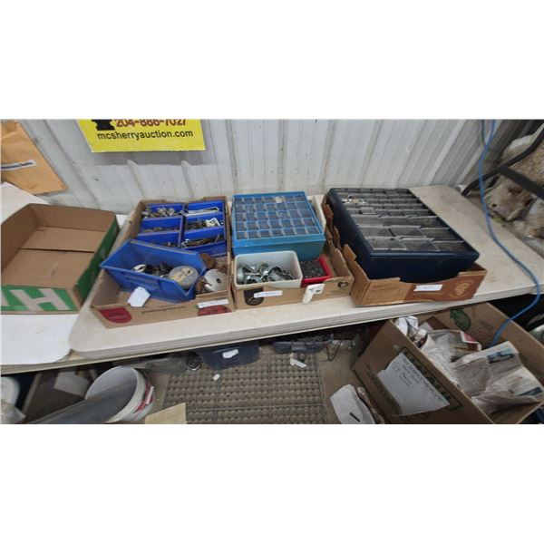 Assorted Hardware: Blue Bins of Fasteners, Washers, Clamps, Brackets, and More. 3 boxes full