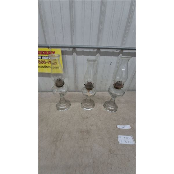 Three Clear Glass Kerosene Lamps with Chimneys and Wicks