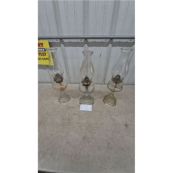 Three Glass Oil Lamps with Chimneys and Burners