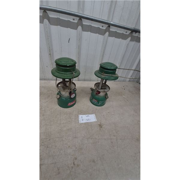 Two Coleman Model 220F Lanterns, Green, with Red and White Dials, no glass