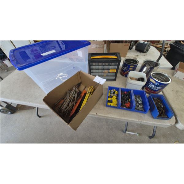 Hardware Assortment: Clear Storage Totes, Multi-Drawer Organizer, Nails, Screws