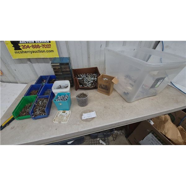 Assorted Hardware: Nuts, Bolts, Screws, Nails, and More in Bins, Tubs, and Organizers