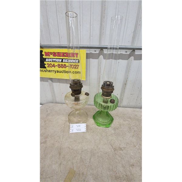 Two Aladdin Kerosene Lamps: Clear Glass and Green Glass, Both with Chimneys and Burners