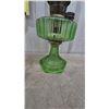 Image 2 : Two Aladdin Kerosene Lamps: Clear Glass and Green Glass, Both with Chimneys and Burners